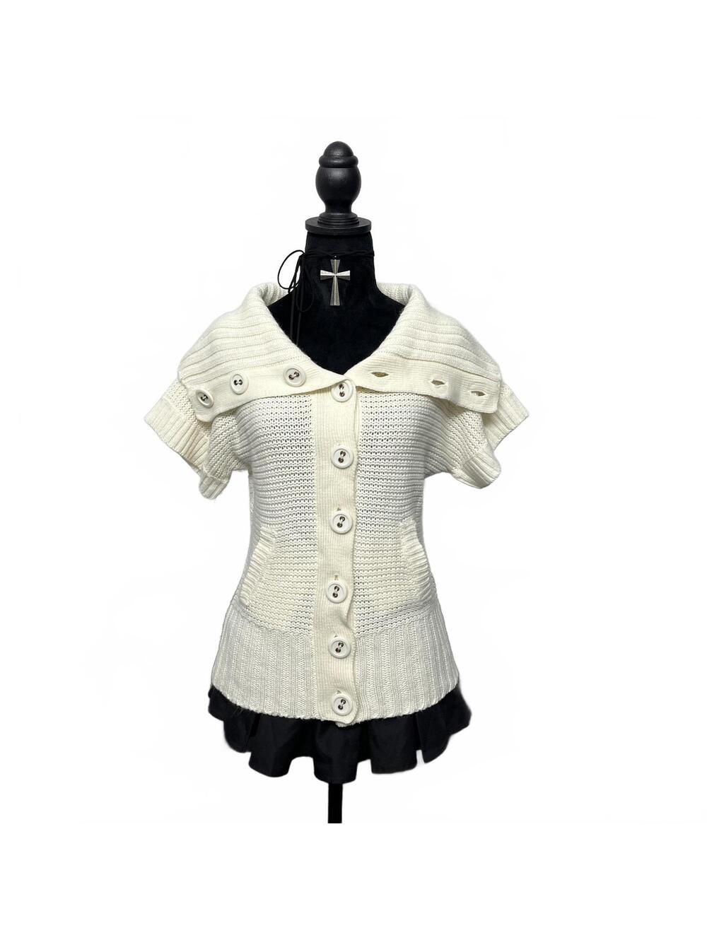 Vintage Sz S/M Cream Knit Buttoned Cardigan With Oversized Collar Coquette 2000s